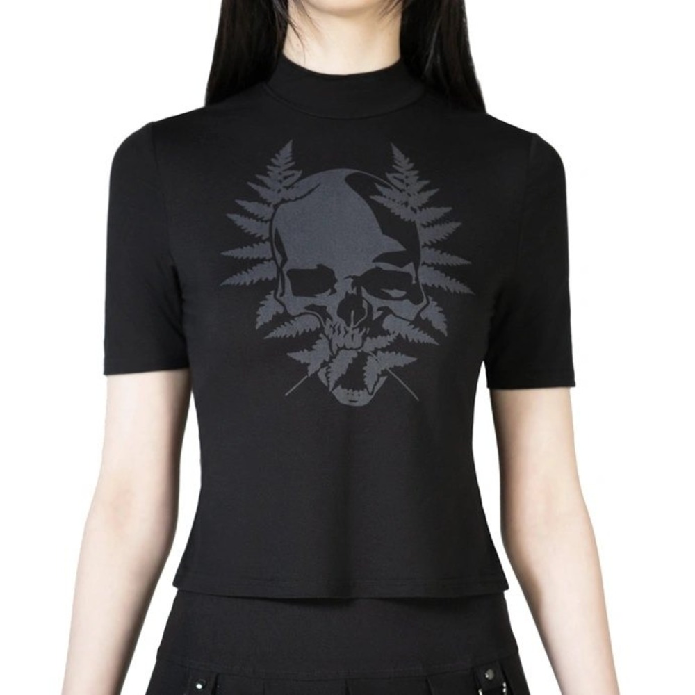 Killstar Live Twice Black Skull Fern Mock Neck Short Sleeve Top L